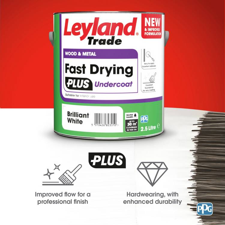 Leyland Fast Dry Plus Undercoat Brilliant White 2.5L, imported from the UK