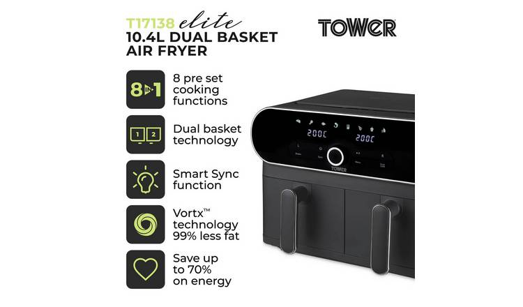 Tower Vortx Elite dual basket air fryer 10.4L grey - British product
