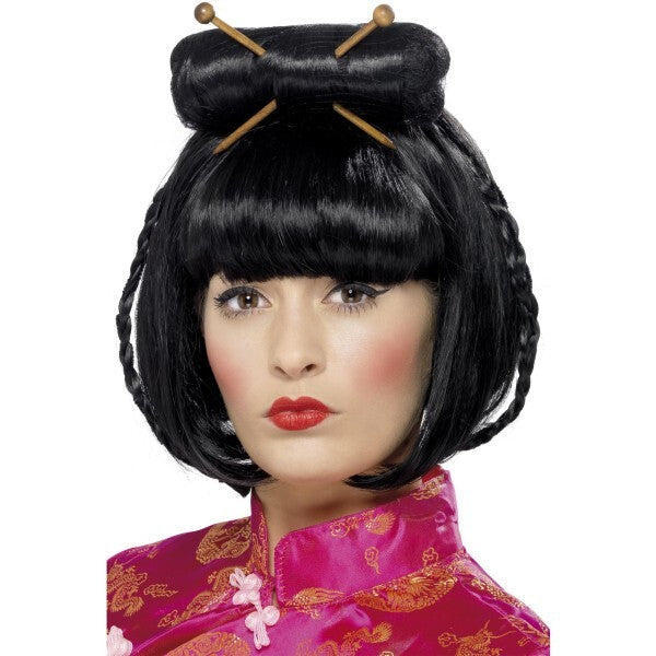 Smiffys Oriental Lady Wig black mid length with chopsticks (British brand)
