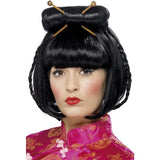 Smiffys Oriental Lady Wig black mid length with chopsticks (British brand)