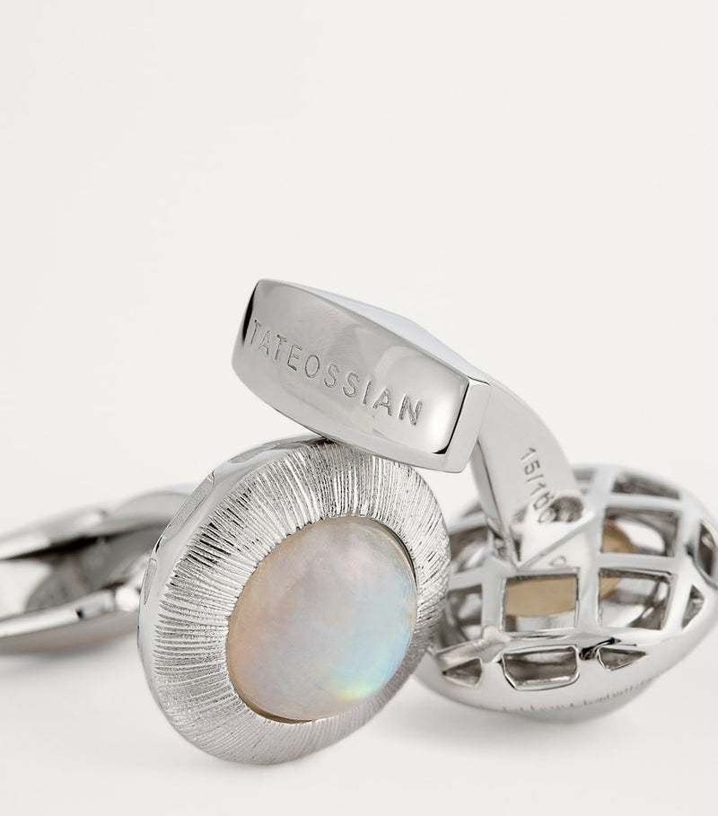 Tateossian rhodium-plated silver moonstone Graffiato cufflinks, imported from the UK