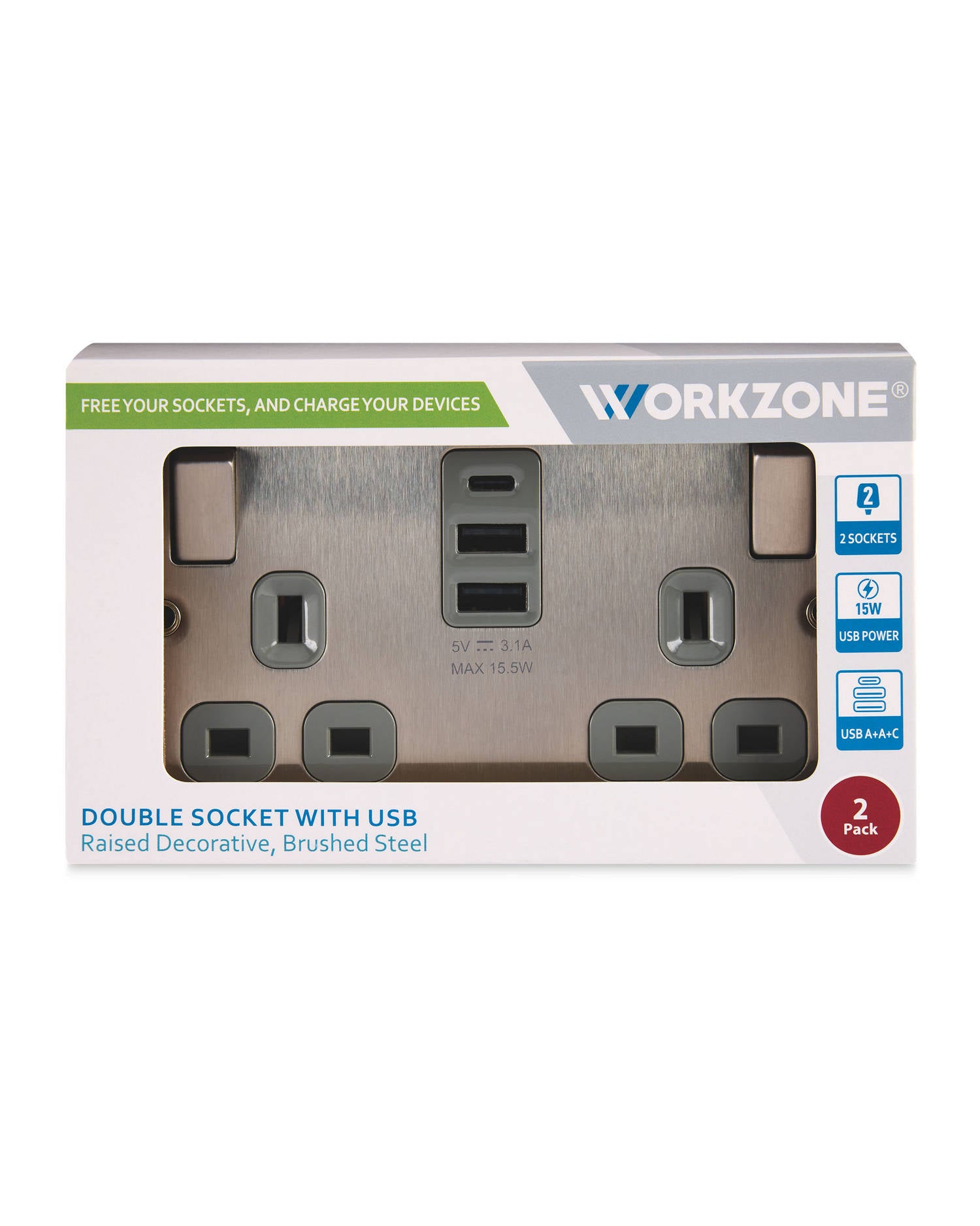 2 pack double socket with integrated USB ports (British brand)