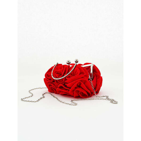 SVNX 3D rose satin clutch bag with chain strap in red, UK version