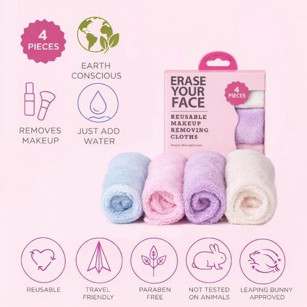 Erase Your Face reusable makeup removing cloths, set of 4 pastel (British brand)