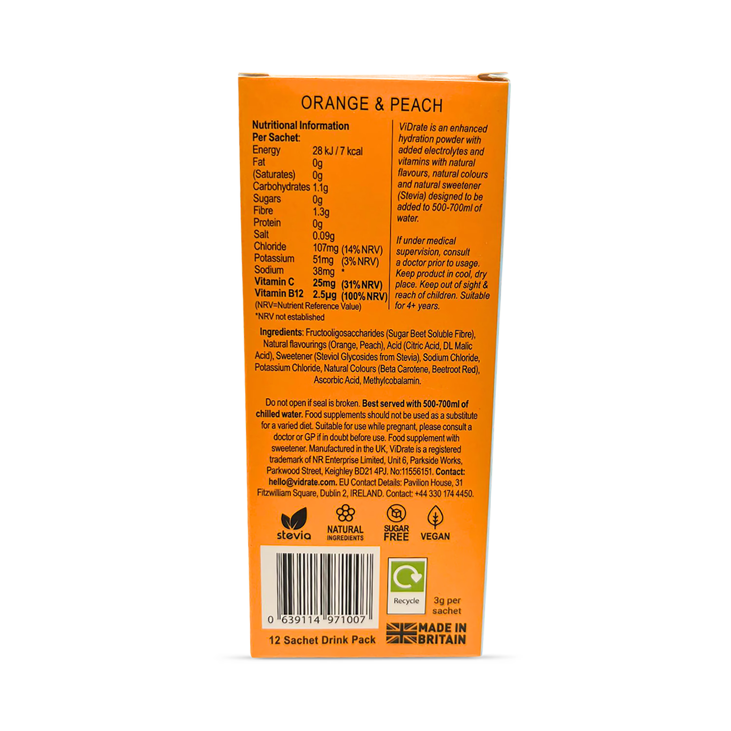 Vidrate hydration sachets Orange & Peach 12 sachets (British brand)