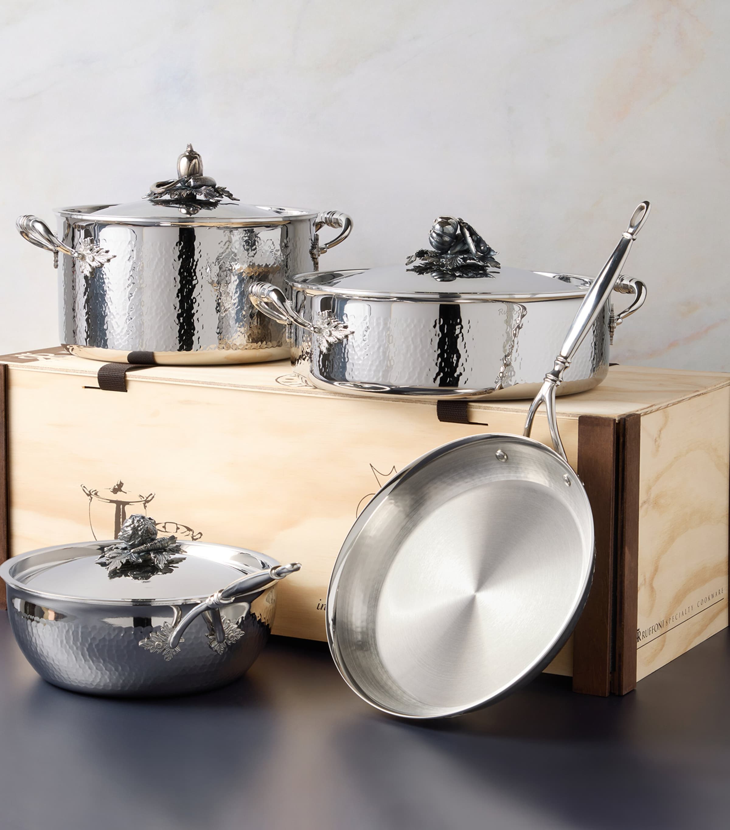 Ruffoni 4-piece tri-ply clad stainless steel cookware set with hand-hammered finish, imported from the UK