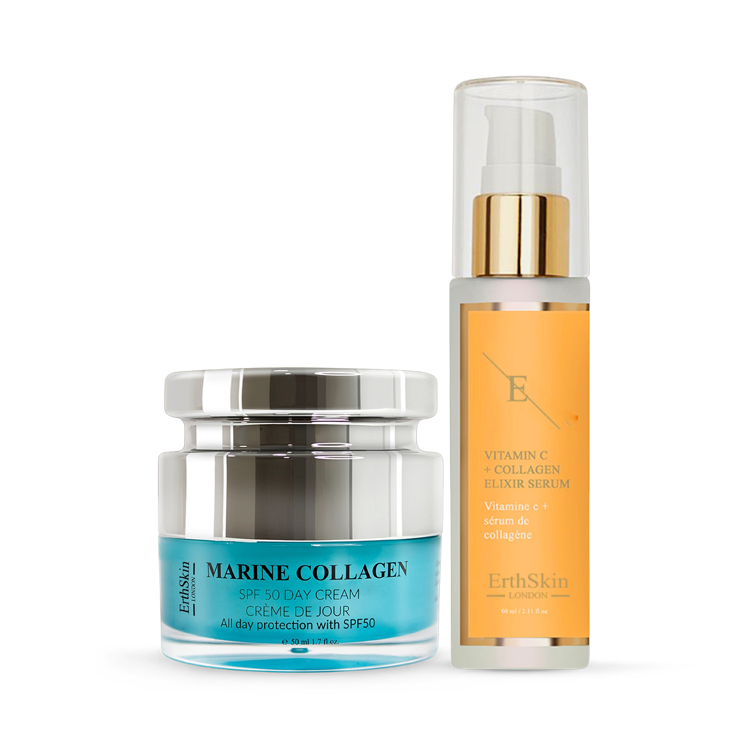 Erth Skin London marine collagen SPF50 day cream 50ml and vitamin C serum 60ml - British product
