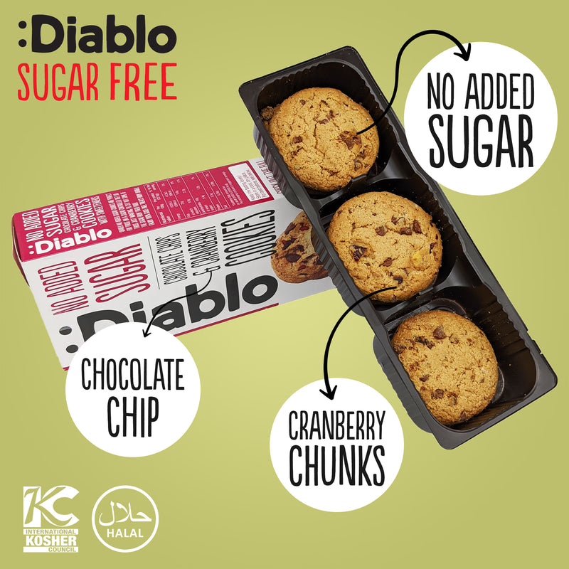 Diablo sugar free chocolate chip cranberry cookies 135g, imported from the UK