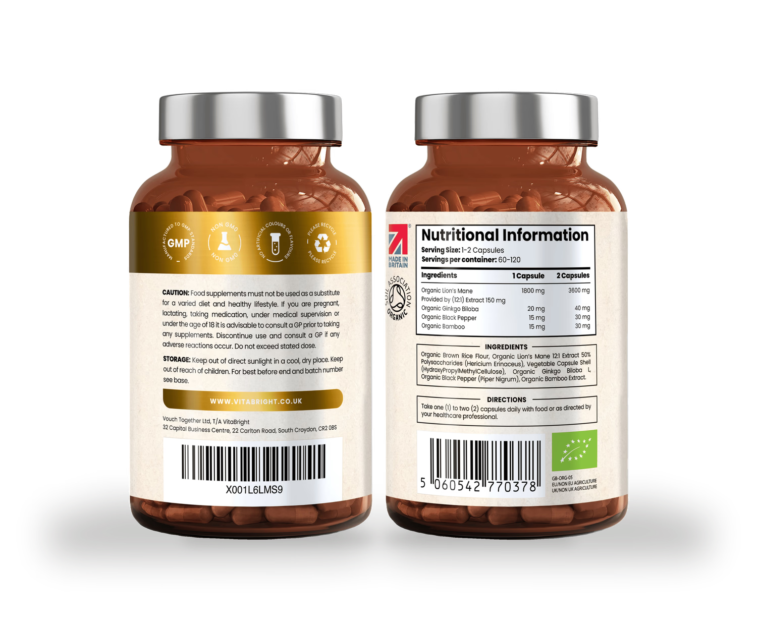 VitaBright mushroom complex with Ginkgo Biloba 120 capsules, imported from the UK
