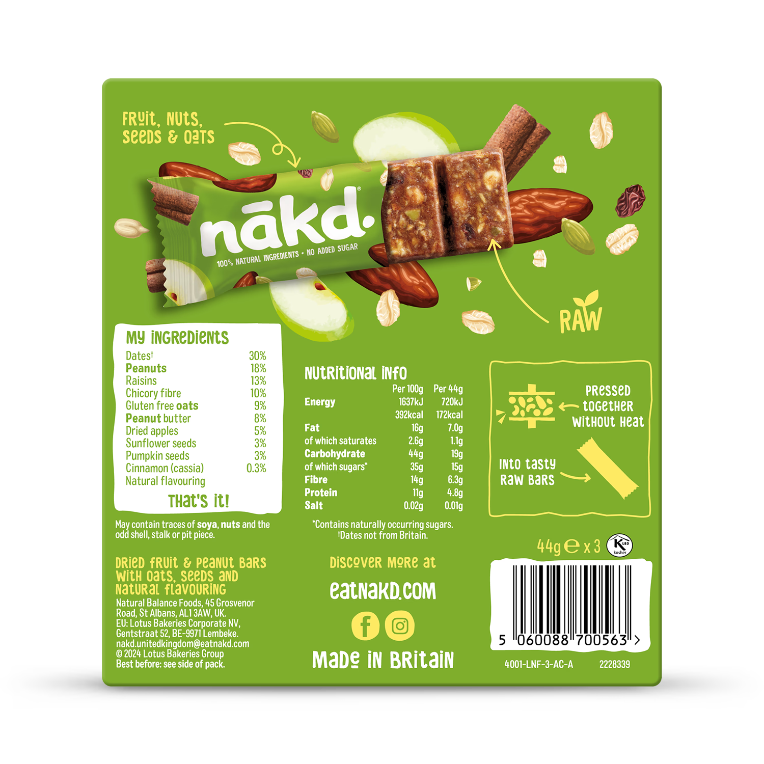 Nakd apple cinnamon fruit bars 3x44g, imported from the UK