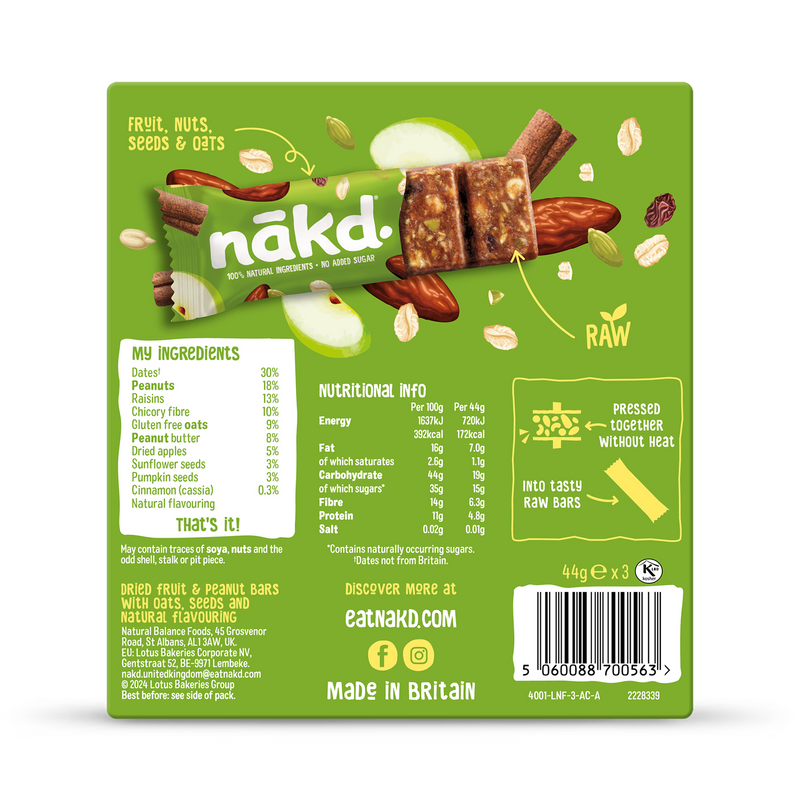 Nakd apple cinnamon fruit bars 3x44g, imported from the UK