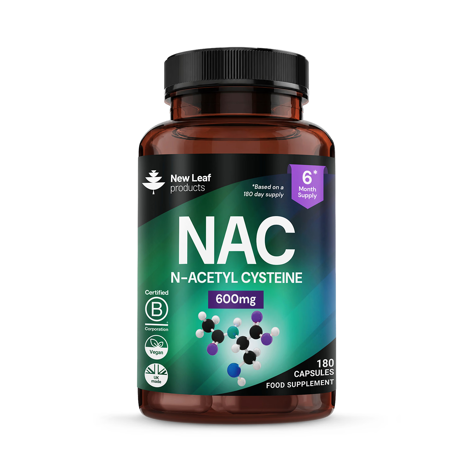 New Leaf Products NAC N-Acetyl-Cysteine capsules 600mg 180 capsules (British brand)