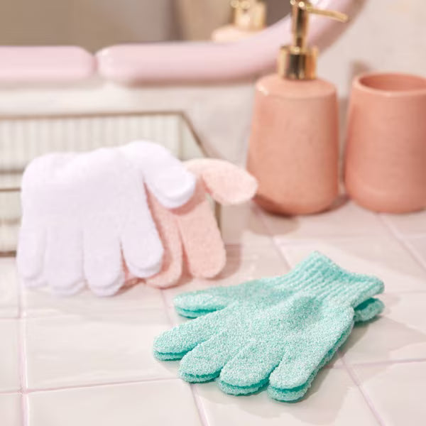 Superdrug white PET body gloves for gentle skin cleansing (British brand)