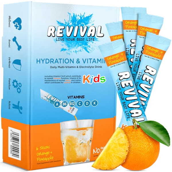 Revival kids multi-vitamin drink orange pineapple 6 pack, imported from the UK