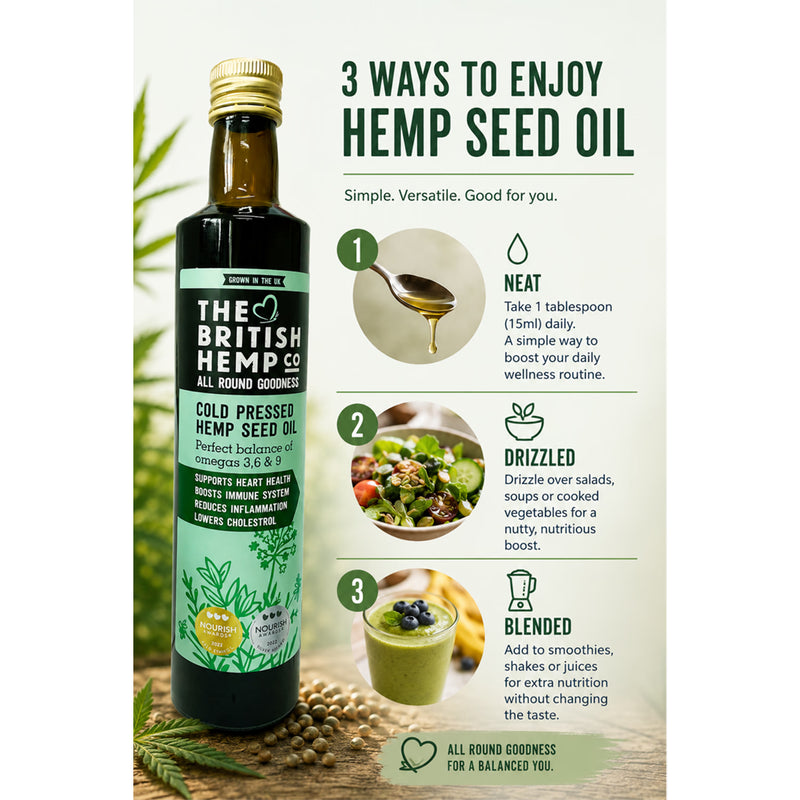 The British Hemp Co cold pressed hemp seed oil 500ml, UK version