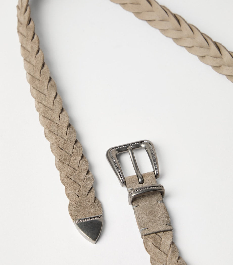 Brunello Cucinelli leather braided belt silver-tone buckle, UK version
