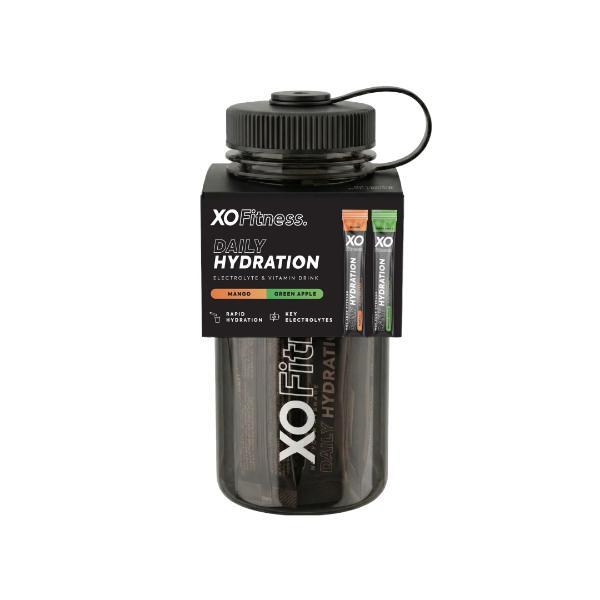 XO Fitness Hydration Starter Pack black bottle and sachets, imported from the UK