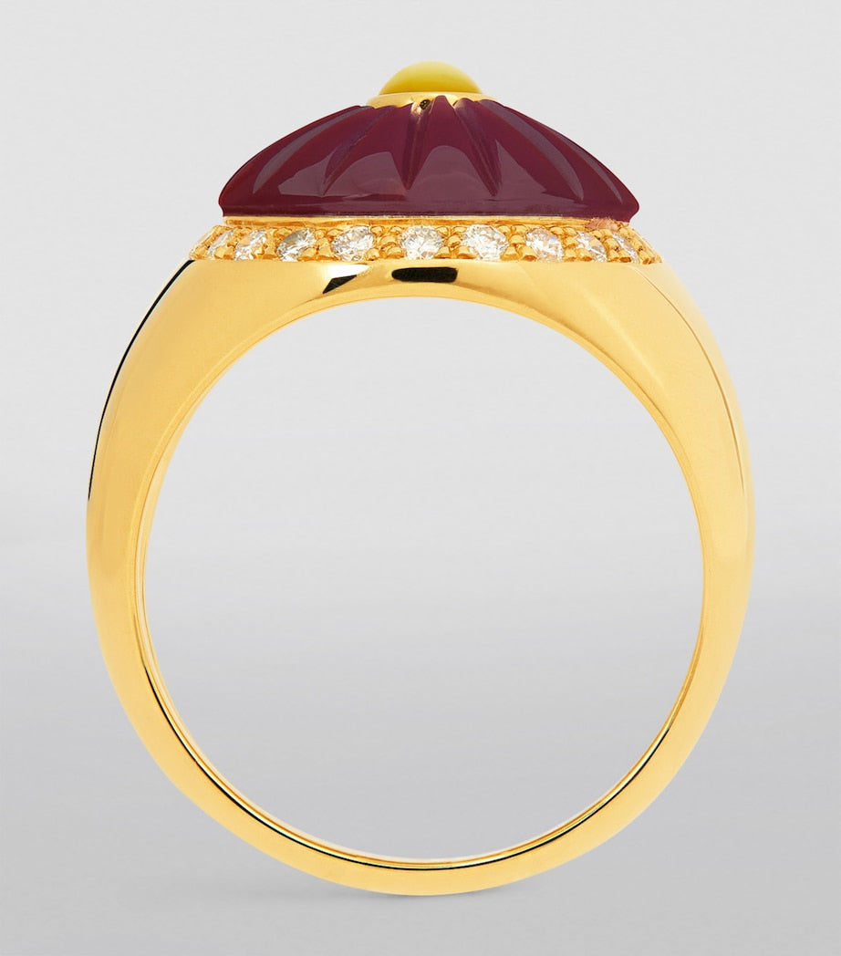 L'Atelier Nawbar yellow gold ruby diamond Bond ring, imported from the UK