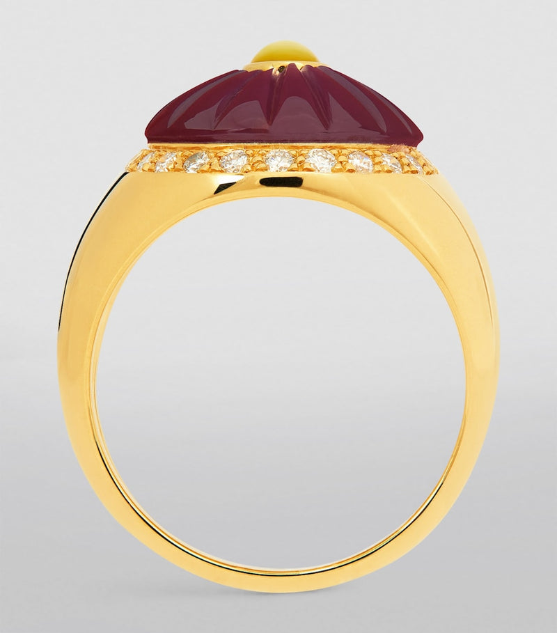 L'Atelier Nawbar yellow gold ruby diamond Bond ring, imported from the UK