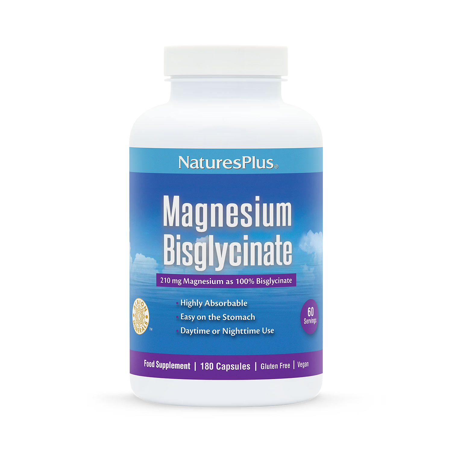 NaturesPlus magnesium bisglycinate supplement 180 capsules, UK version