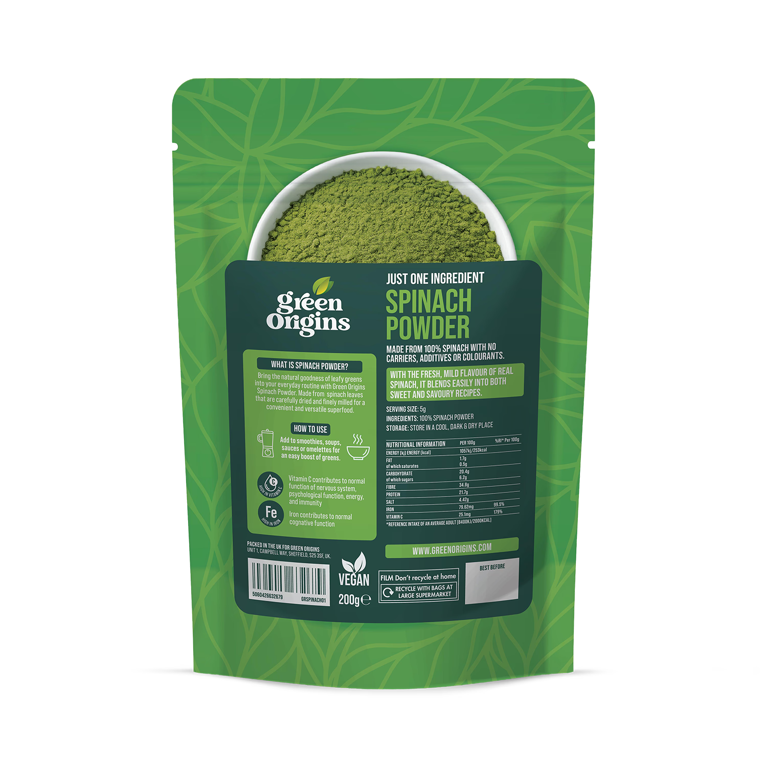 Green Origins Spinach Powder 200g superfood supplement (British brand)