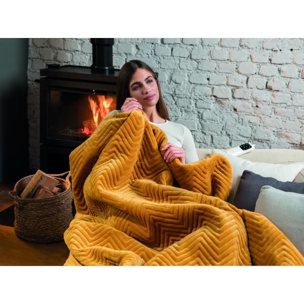 Dreamland Intelliheat Lux Herringbone Heated Throw - Mustard GOODS Superdrug   