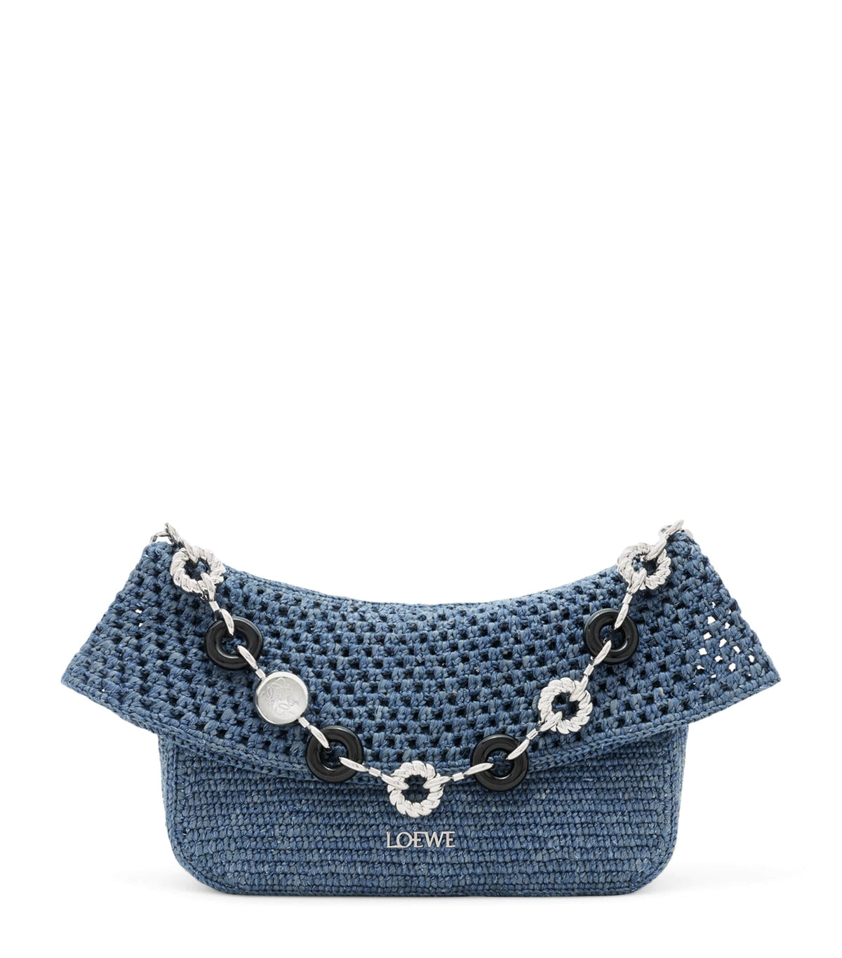 LOEWE medium heklet Ola skulderbag i raffia og lin, importert fra Storbritannia