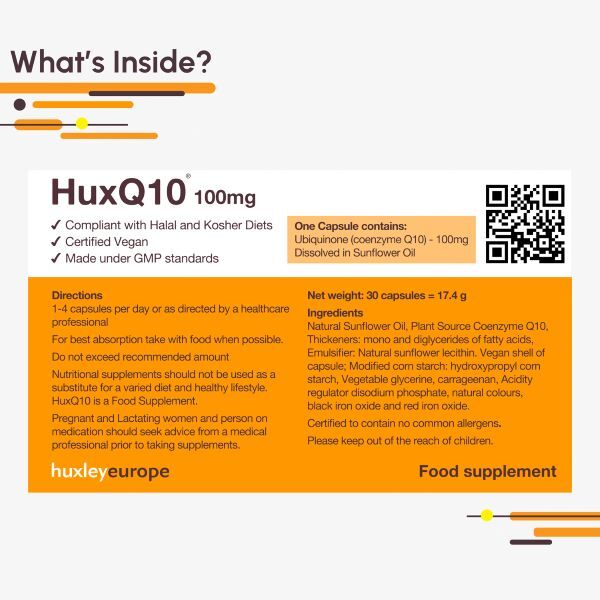 Huxley Europe Coenzyme Q10 100mg 30 capsules, imported from the UK
