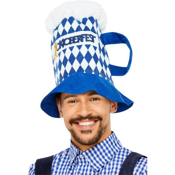 Smiffys Beer Festival Hat blue and white chequered with handle, imported from the UK