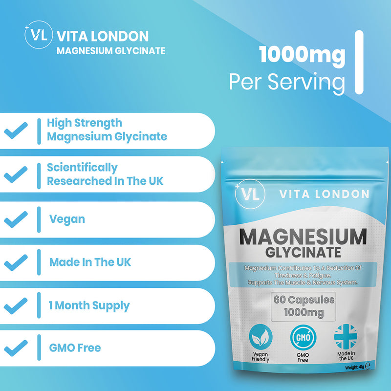 Vita London Magnesium Glycinate capsules 1000mg 60 caps (British brand)