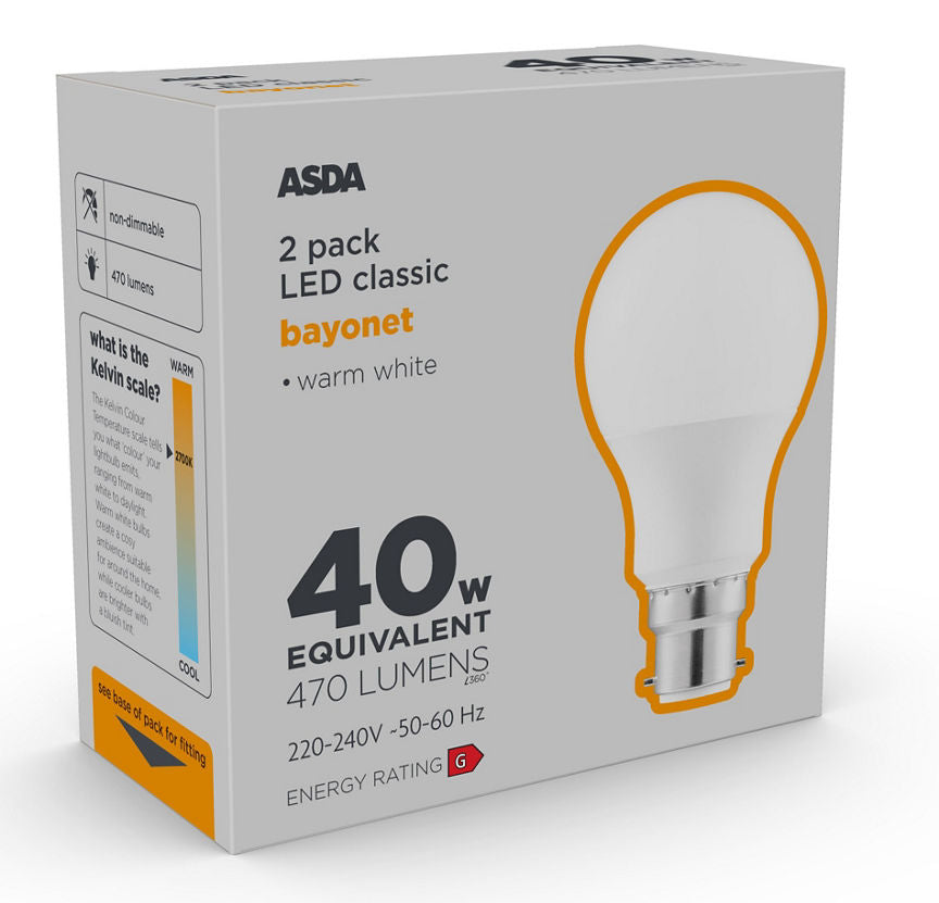 ASDA LED Classic 40W Large Bayonet Lightbulb General Household ASDA   