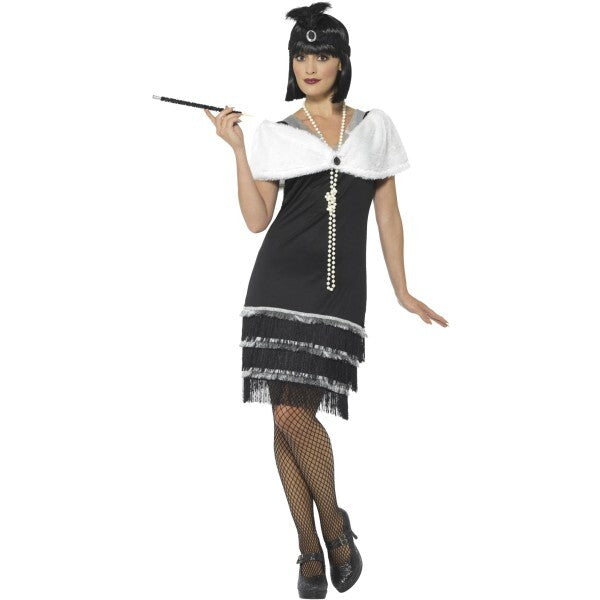 Smiffys Flapper Costume in black with dress and fur stole - British product