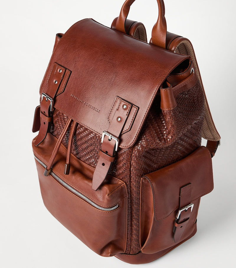 Brunello Cucinelli leather woven backpack with gold hardware - British product