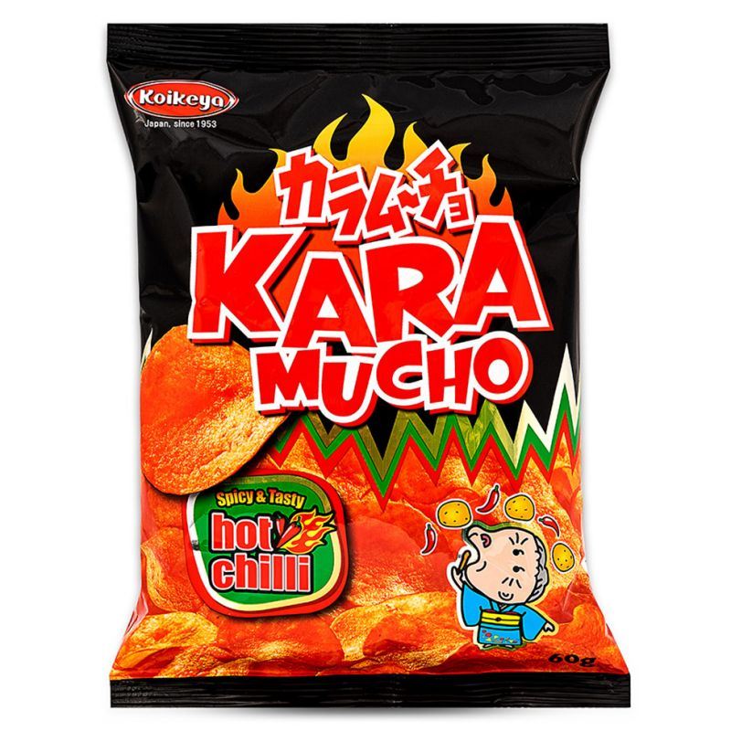 Koikeya Kara Mucho hot chilli flavour potato crisps, imported from the UK