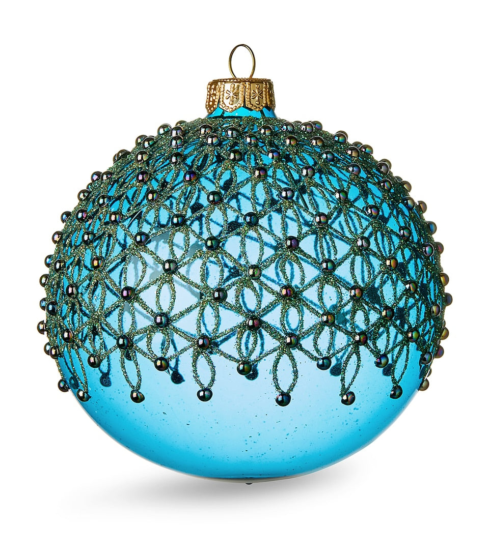 Pastel Blue Christmas Bauble with Gold Filigree and Sequins