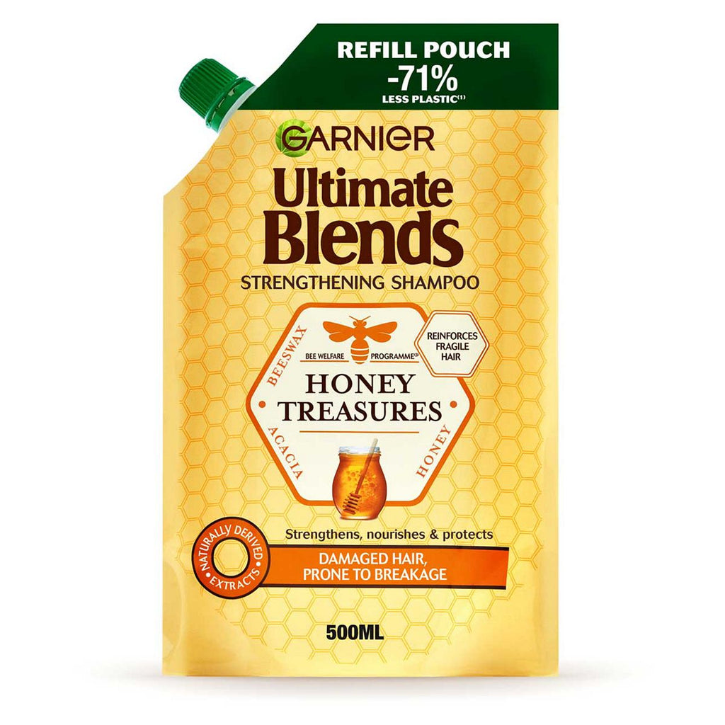 Garnier Ultimate Blends Honey Treasures Strengthening Shampoo Refill-Pouch for Damaged Hair, Prone to Breakage