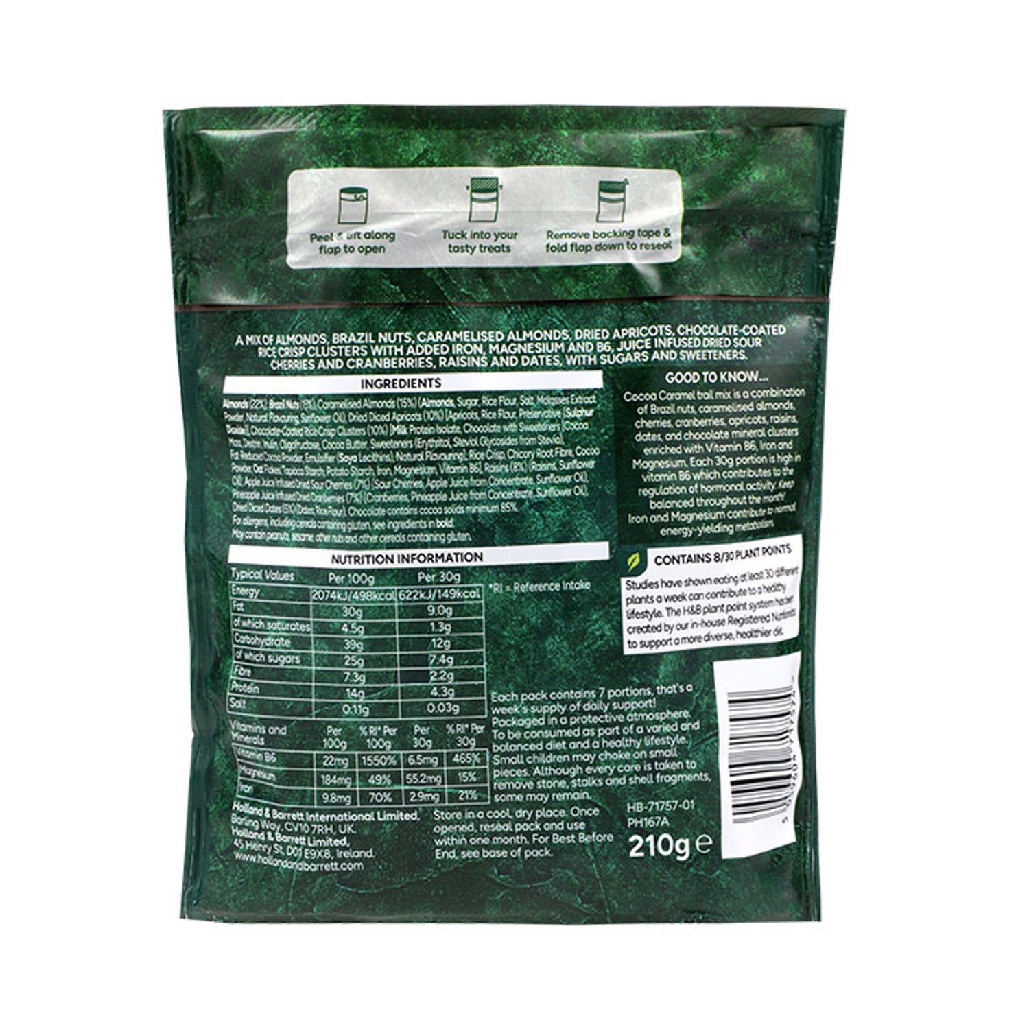 Holland & Barrett Hormone Support Cocoa Caramel Trail Mix 210g, UK version
