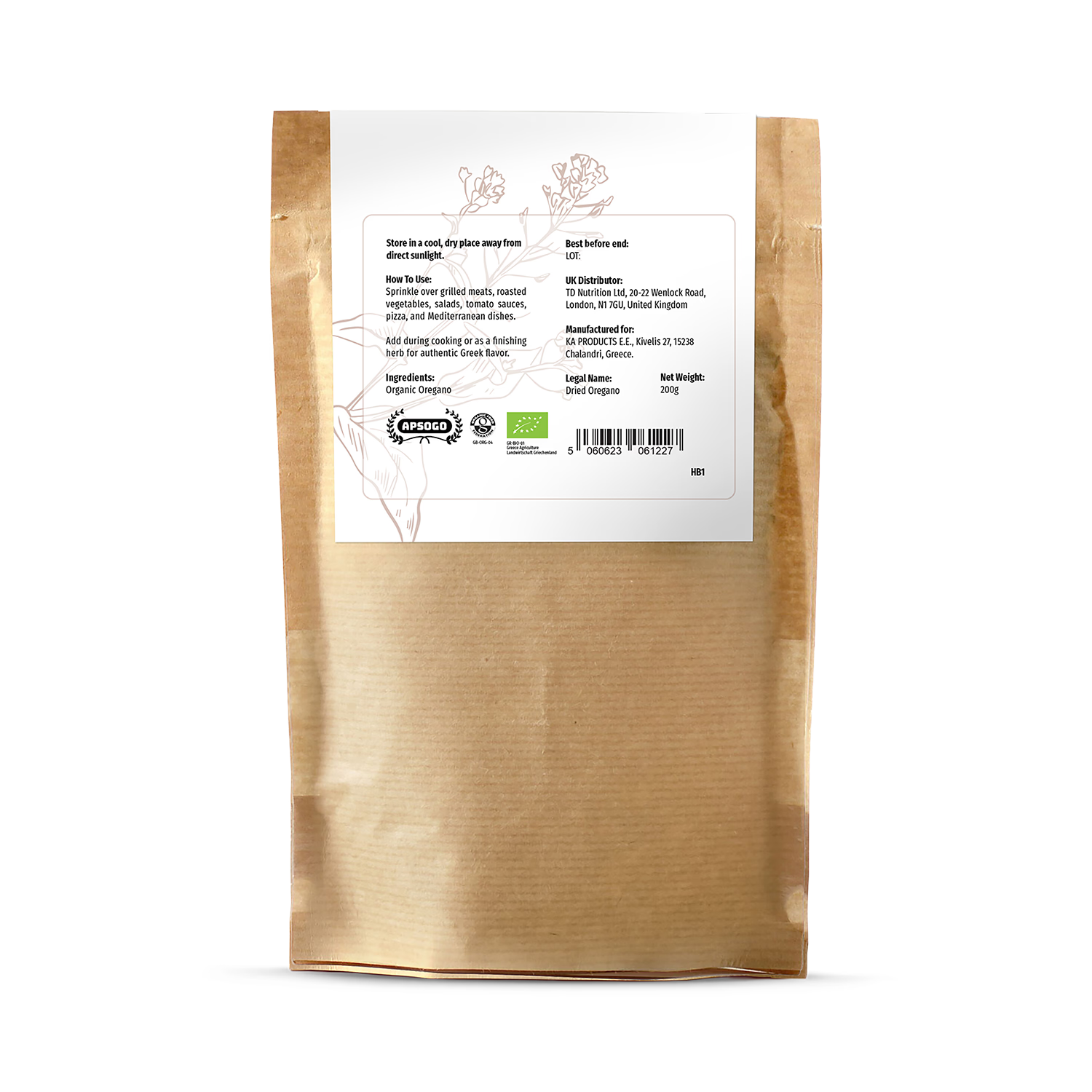 APSOGO organic dried oregano from Greece 200g, UK version