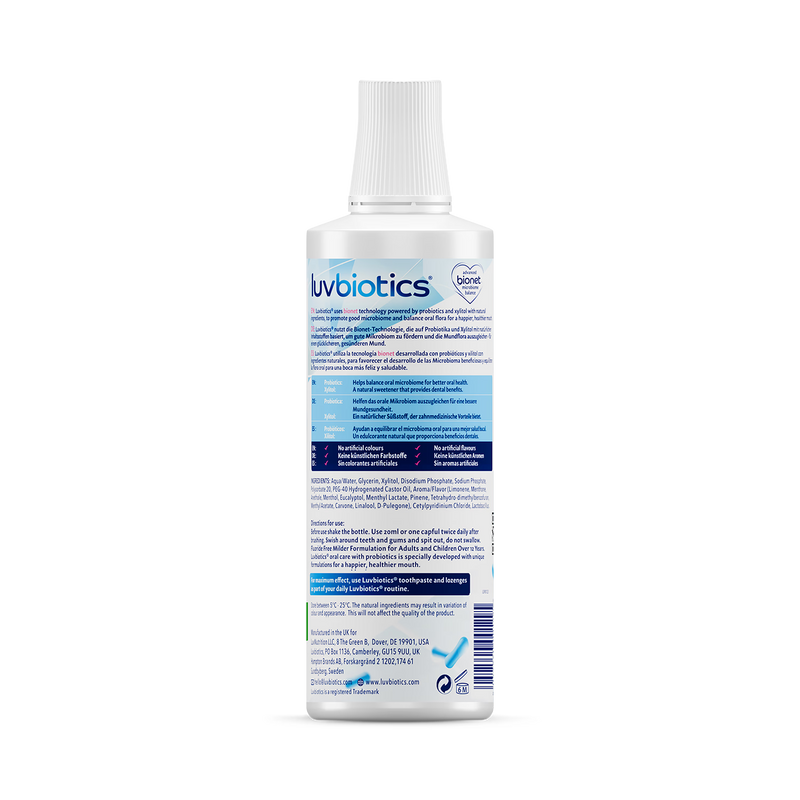 Luvbiotics fluoride free probiotic mouthwash, UK version