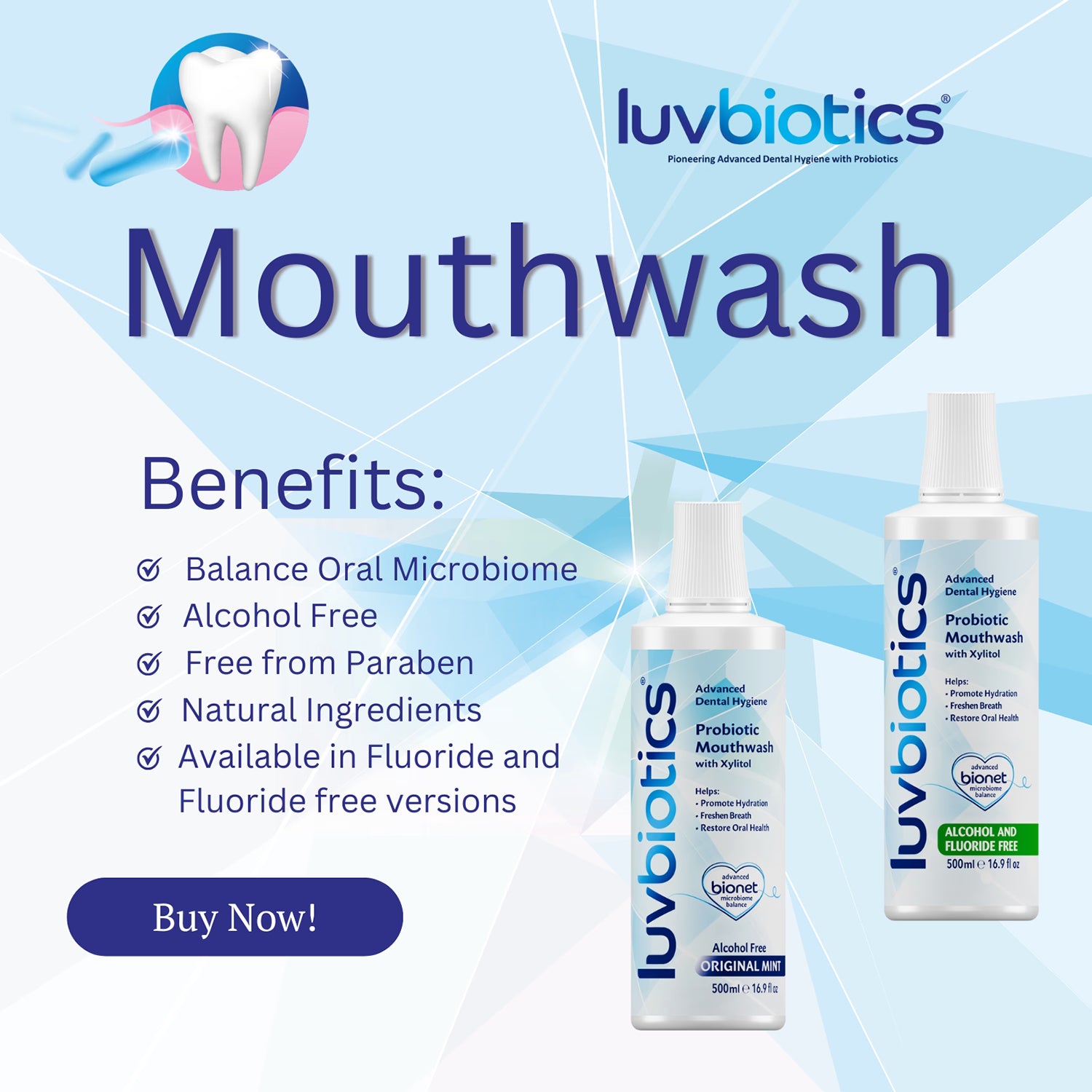 Luvbiotics fluoride free probiotic mouthwash, UK version