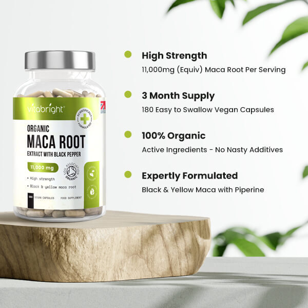 VitaBright high strength organic maca root capsules 180 count (British brand)