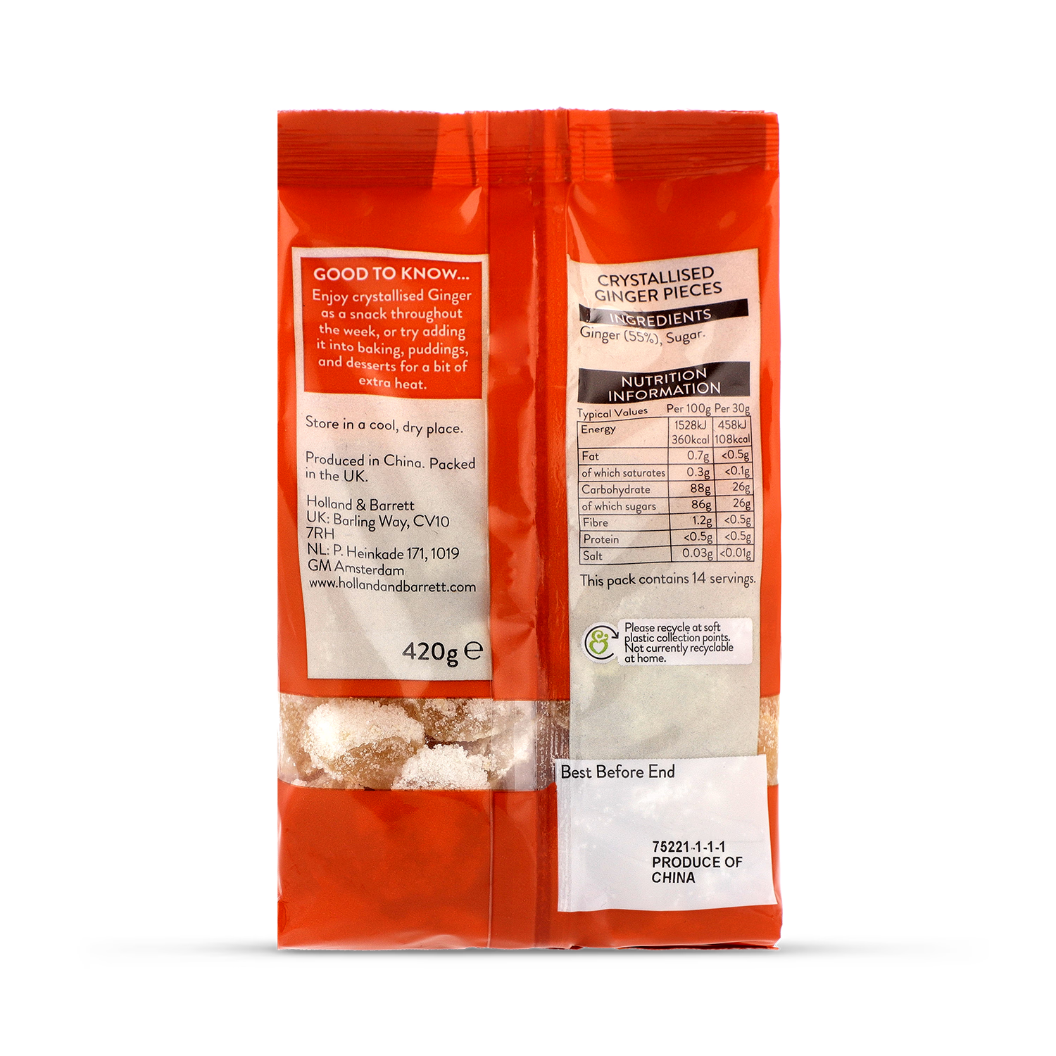 Holland Barrett crystallised ginger cubes 420g, UK version