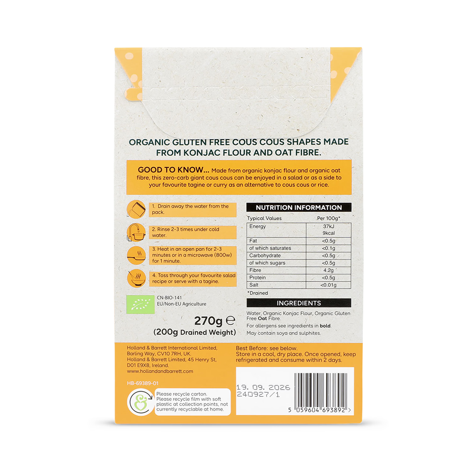 Holland Barrett Zero Carb Giant Cous Cous 270g