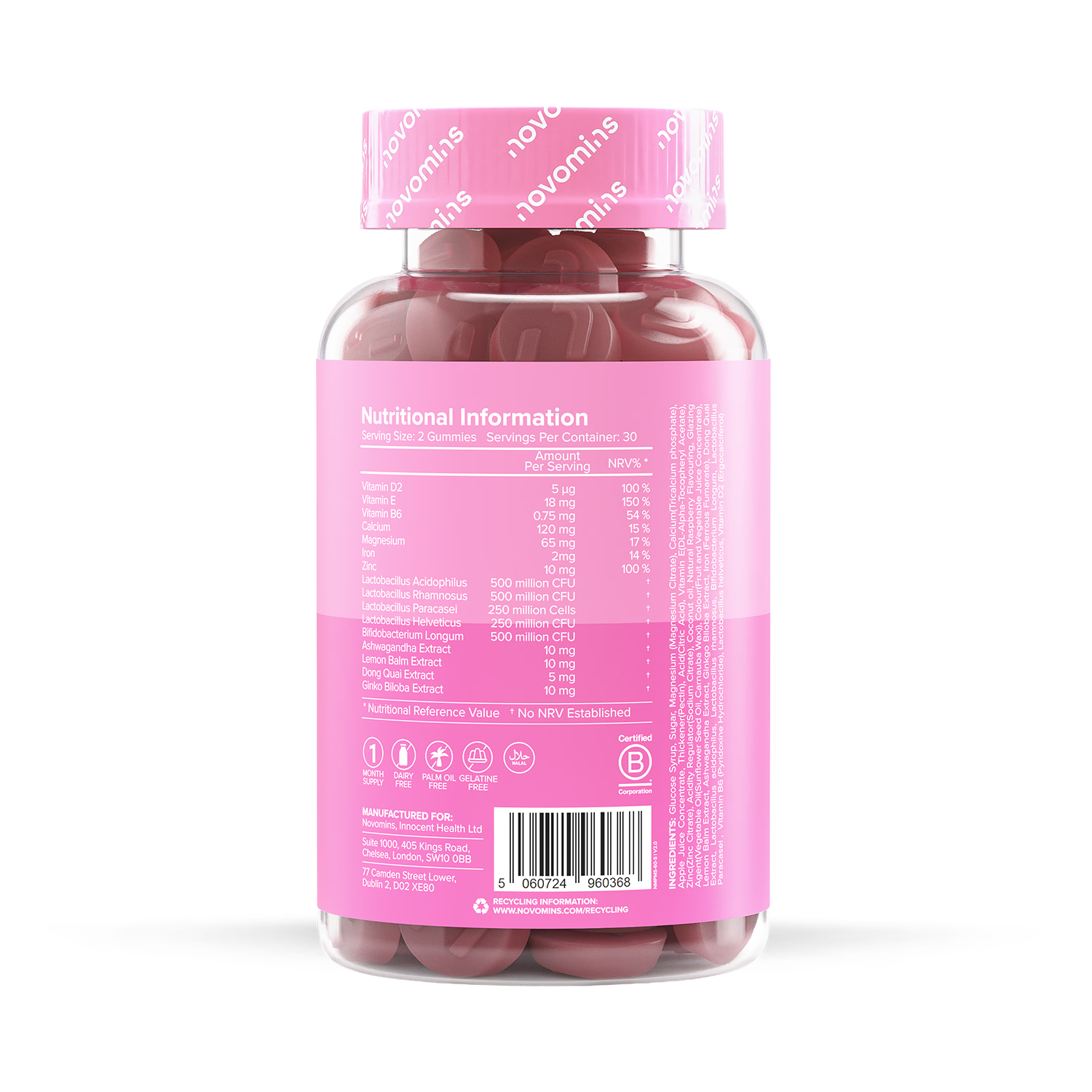 Novomins PMS Gummies Raspberry Flavoured 60 count, imported from the UK