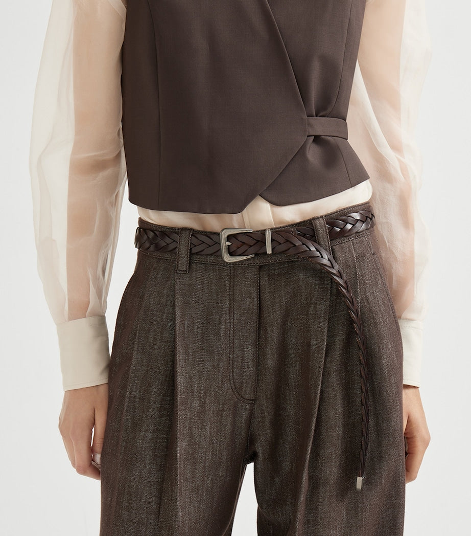 Brunello Cucinelli braided calf leather belt with silver buckle (British brand)