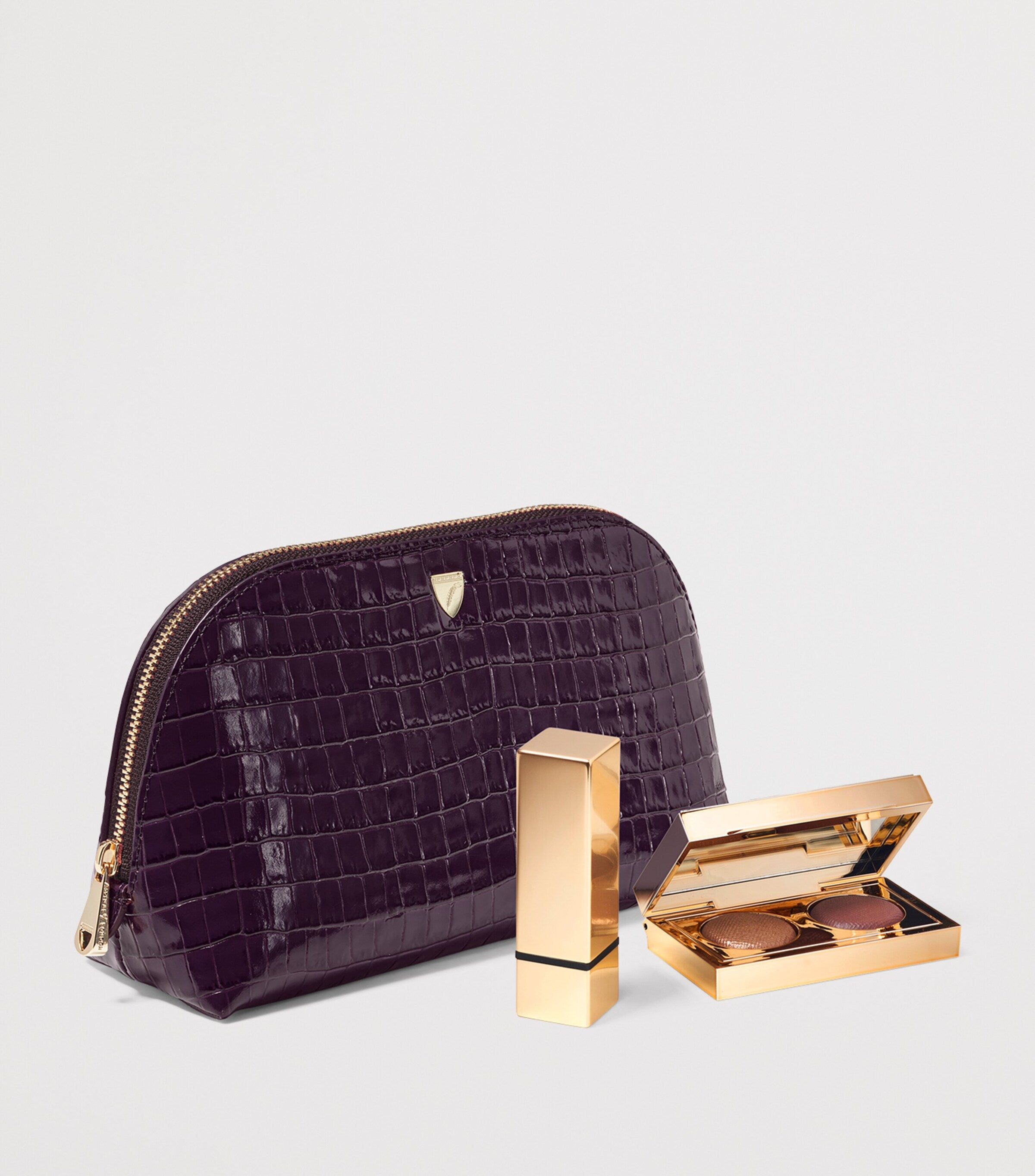 Aspinal of London small leather croc-embossed makeup bag - British product