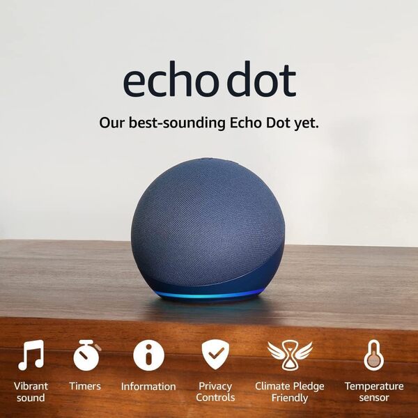 Amazon Echo Dot 5th generation smart speaker in blue (British brand)