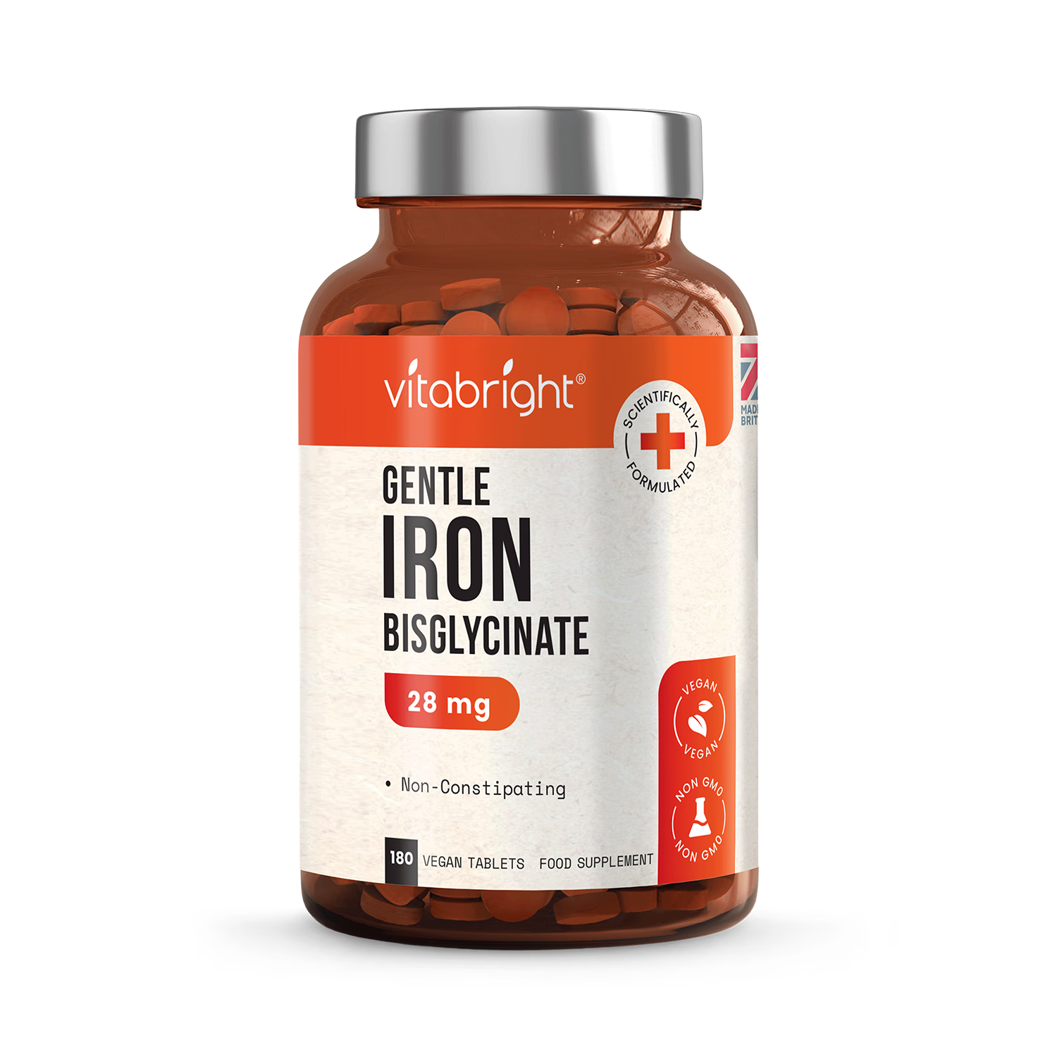 VitaBright iron bisglycinate supplement 28mg 180 tablets, imported from the UK