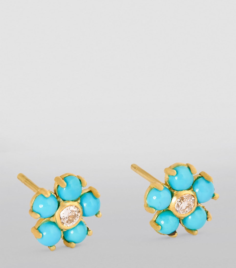 Jennifer Meyer flower stud earrings yellow gold diamond turquoise 5mm - British product