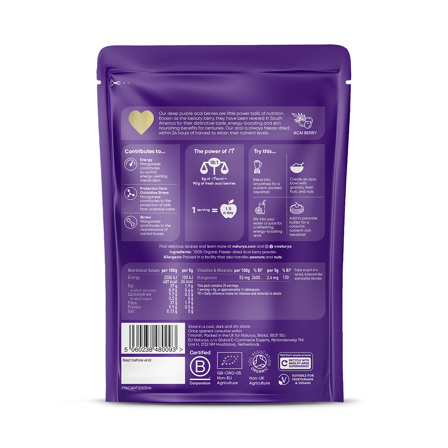 Naturya Organic Acai Powder 125g, imported from the UK